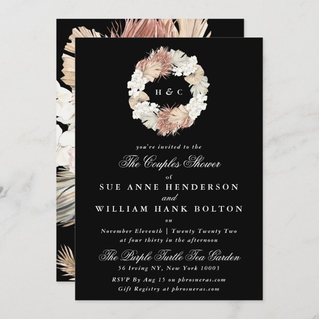 Black Pampas Floral Monogram Wreath Couples Shower Invitation (Front/Back)