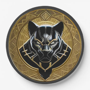 Black Panther Icon With Golden Geometric Backdrop Paper Plate