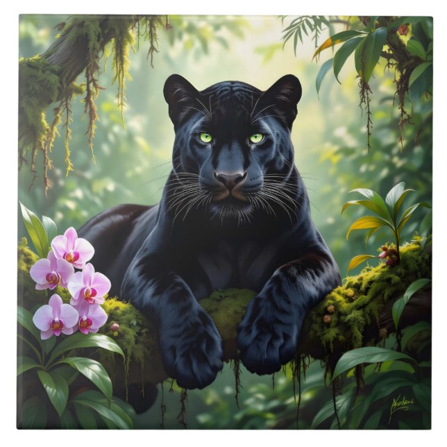 Black Panther in the Jungle Ceramic Tile (Front)