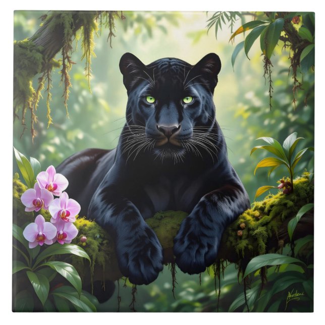 Black Panther in the Jungle Ceramic Tile (Front)