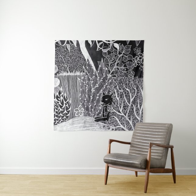 Black panther in the jungle - pencil drawing     tapestry (In Situ)