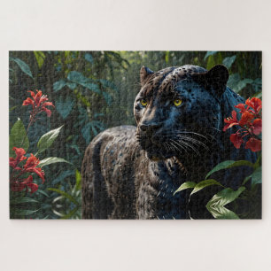 Black Panther - Jaguar in Jungle Red Flowers Jigsaw Puzzle