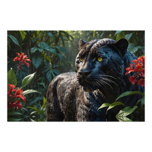 Black Panther - Jaguar in Jungle Red Flowers Photo Print