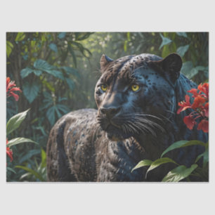 Black Panther - Jaguar in Jungle Red Flowers Tissue Paper