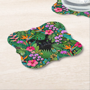 Black Panther Jungle Flowers & Tropical Foliage Paper Coaster
