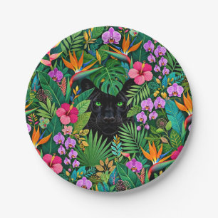 Black Panther Jungle Flowers & Tropical Foliage Paper Plate