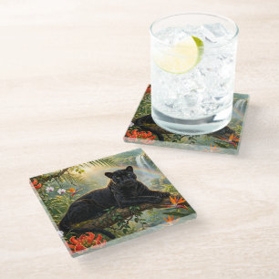 Black Panther Kenya Jungle Flowers Waterfall Glass Coaster