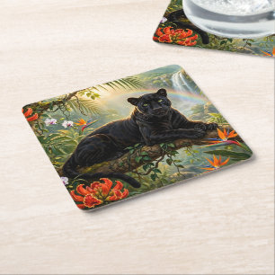 Black Panther Kenya Jungle Flowers Waterfall Square Paper Coaster