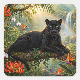 Black Panther Kenya Jungle Flowers Waterfall Square Sticker