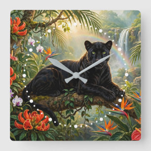 Black Panther Kenya Jungle Flowers Waterfall Square Wall Clock