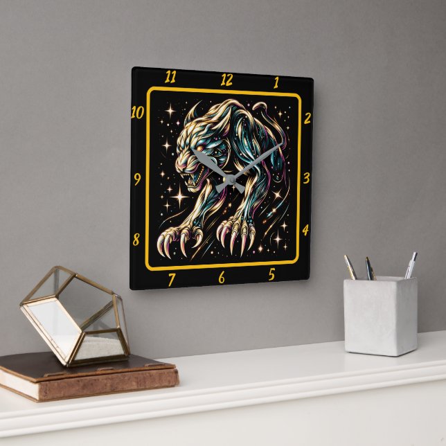 Black Panther Neon Jungle Timepiece Square Wall Clock (Office)