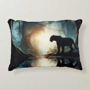 Black Panther Reflected in Pool of Water in Jungle Decorative Cushion