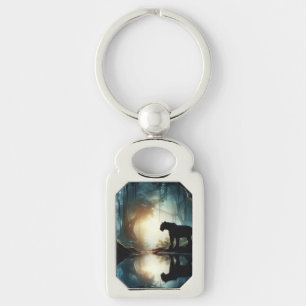Black Panther Reflected in Pool of Water in Jungle Key Ring