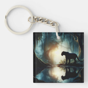 Black Panther Reflected in Pool of Water in Jungle Key Ring