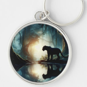 Black Panther Reflected in Pool of Water in Jungle Key Ring