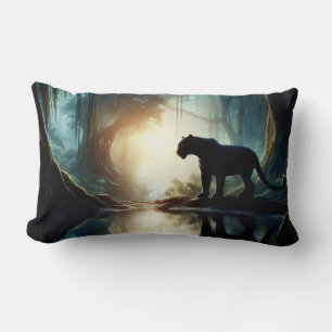Black Panther Reflected in Pool of Water in Jungle Lumbar Cushion