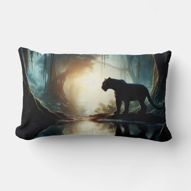Black Panther Reflected in Pool of Water in Jungle Lumbar Cushion (Front)