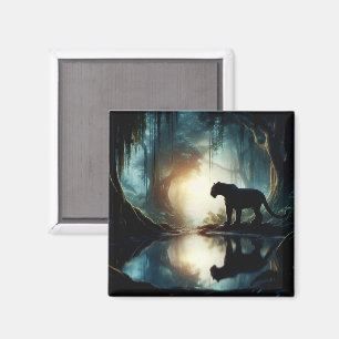 Black Panther Reflected in Pool of Water in Jungle Magnet