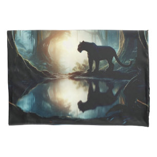 Black Panther Reflected in Pool of Water in Jungle Pillowcase