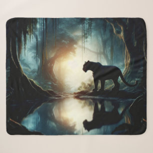 Black Panther Reflected in Pool of Water in Jungle Sherpa Blanket