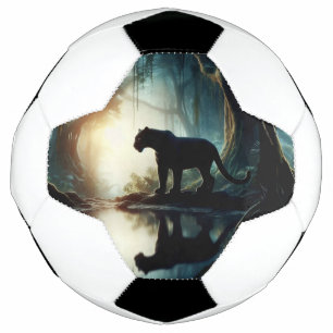 Black Panther Reflected in Pool of Water in Jungle Soccer Ball