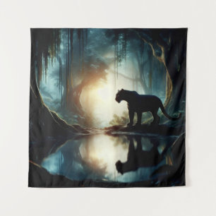 Black Panther Reflected in Pool of Water in Jungle Tapestry
