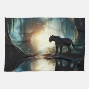 Black Panther Reflected in Pool of Water in Jungle Tea Towel