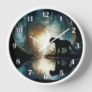 Black Panther Reflected in Pool White Numbers Clock