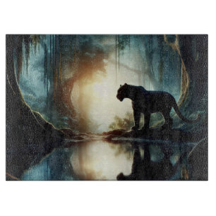 Black Panther Reflected in Water in Jungle Glass Cutting Board