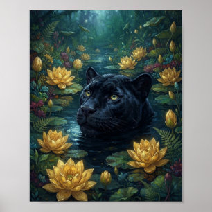 Black Panther Surfacing Golden Water Lily Botanica Poster