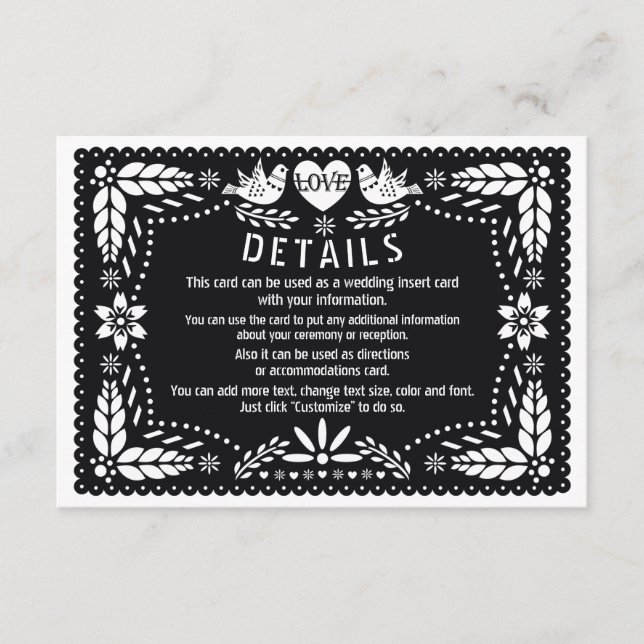 Black papel picado love birds wedding details enclosure card (Front)
