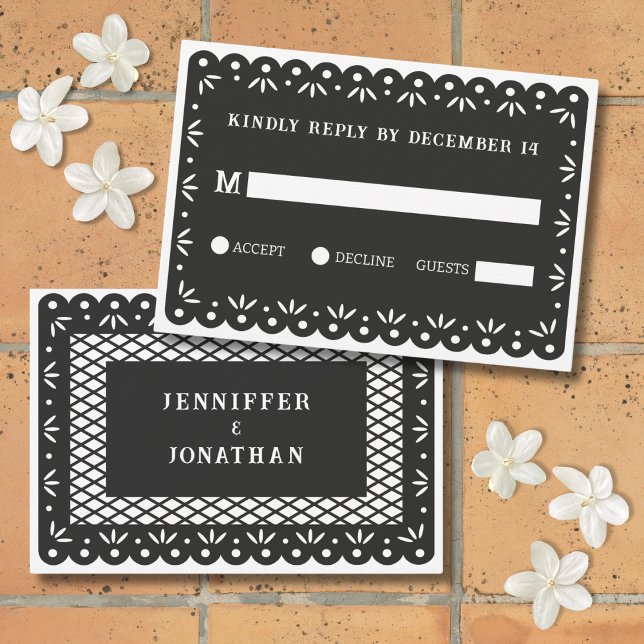 Black papel picado wedding RSVP card (Creator Uploaded)