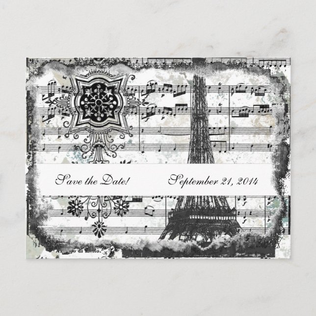 Black Paris Eiffel Tower Music Save the Date Announcement Postcard (Front)