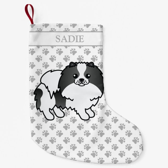 Black Parti-Colour Pomeranian Cartoon Dog & Name Small Christmas Stocking (Front)