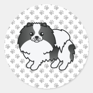 Black Parti-Colour Pomeranian Cartoon Dog & Paws Classic Round Sticker