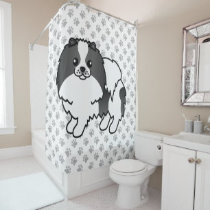 Black Parti-Colour Pomeranian Cartoon Dog & Paws Shower Curtain