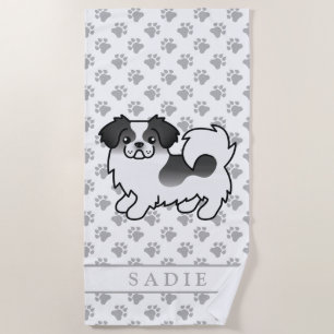 Black Parti-Colour Tibetan Spaniel Cute Dog & Name Beach Towel