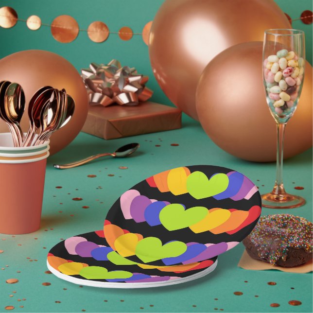 Black Party Plates With Rainbow Hearts  (Multi)