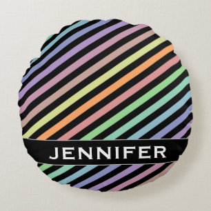 Black & Pastel Colour Lines Pattern + Custom Name Round Cushion