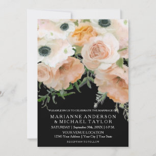 Black Pastel Petals English Floral Roses Wedding Invitation