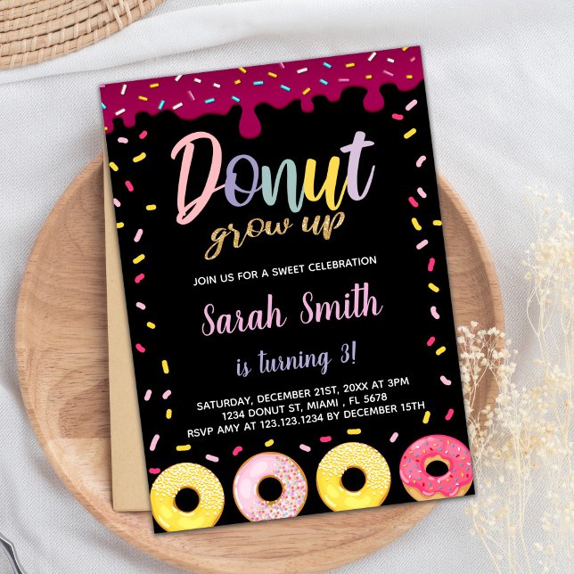 Black Pastil Colour Doughnut Birthday Invitations (Black Pastil Color Donut Birthday Invitations)