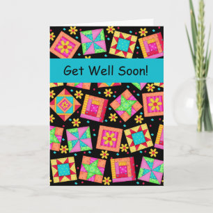 Black Patchwork Quilt Block Art Get Well Soon Card