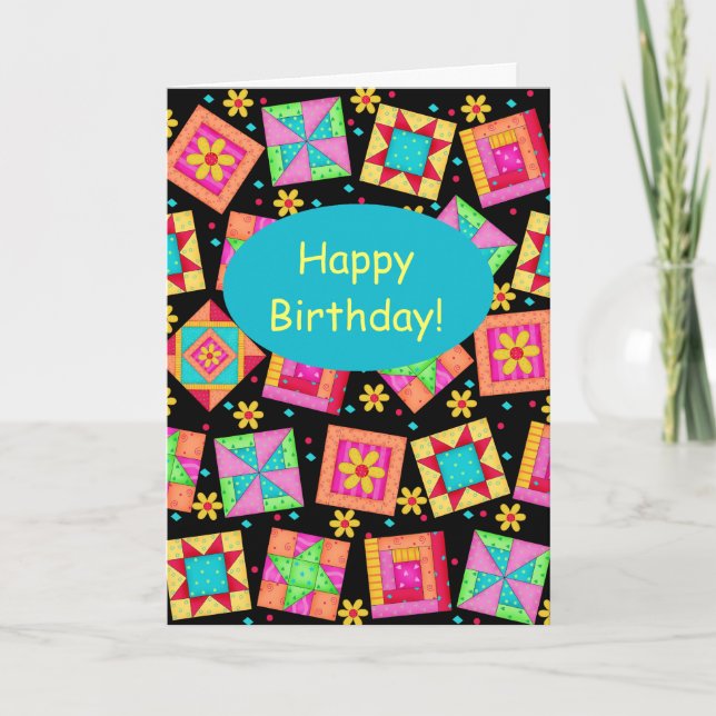 Black Patchwork Quilt Block Art Happy Birthday Card (Front)
