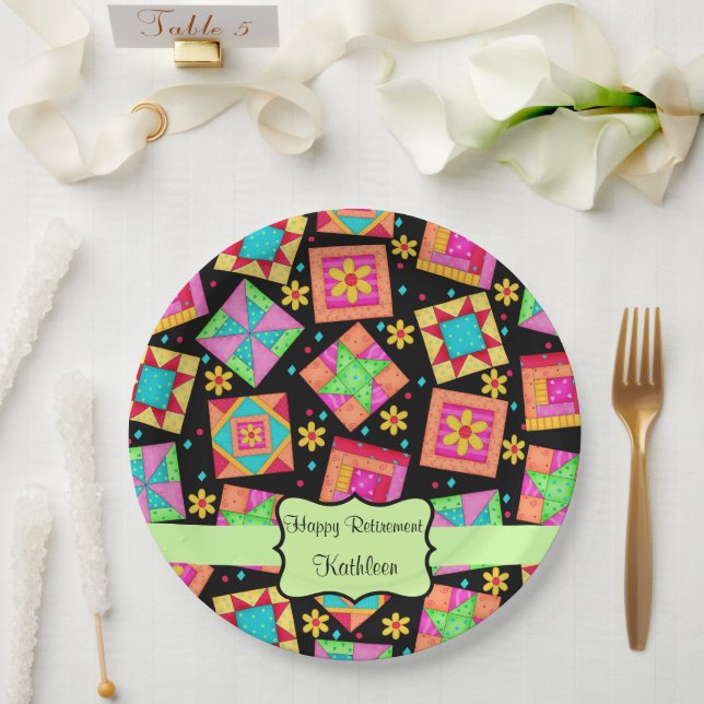 Black Patchwork Quilt Block Name Happy Retirement Paper Plate (Wedding)