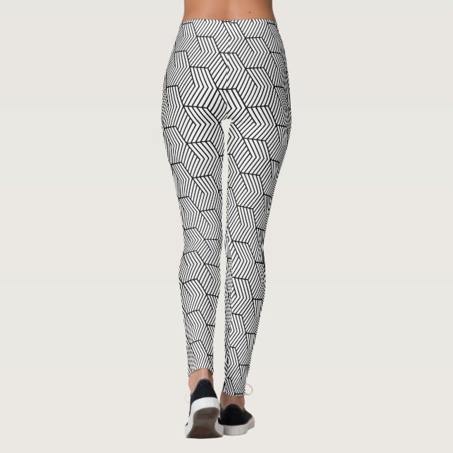 Black Pattern Line Cube Geometry Simple Leggings (Back)