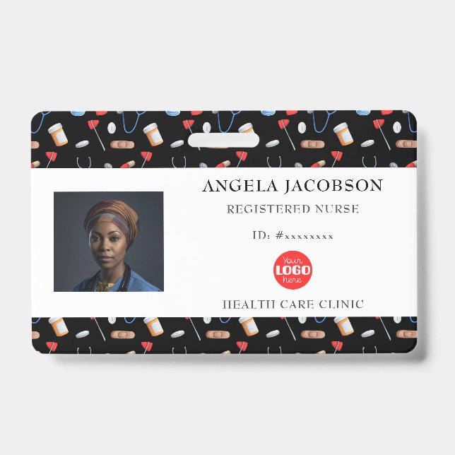 Black Pattern Nurse Healthcare Logo Horizontal ID Badge (Front)