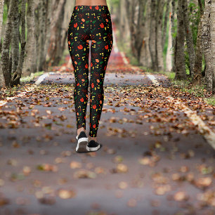 Black pattern red poppy leaves leggings