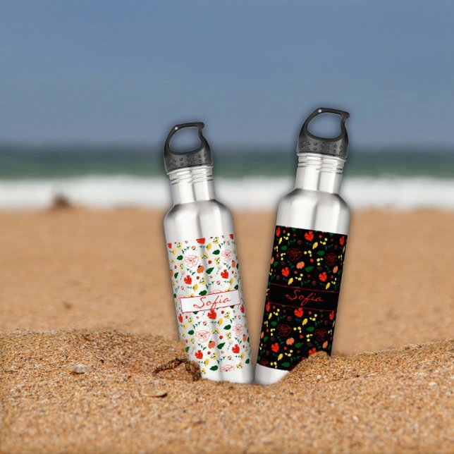 Black pattern wildflowers red poppy 710 ml water bottle (Creator Uploaded)