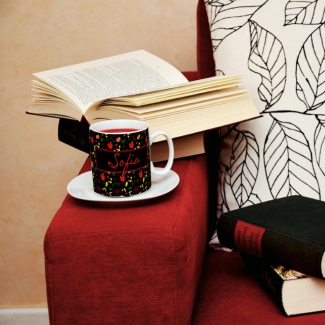 Black pattern wildflowers red poppy coffee mug (Creator Uploaded)