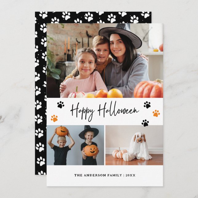 Black Paw Print Pet Photo Happy Halloween Card (Front/Back)